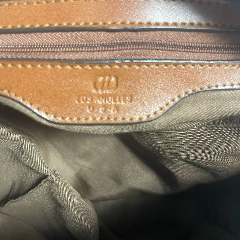 Los Angeles USA synthetic Brown & Gold Patterned Satchel Bag with brown straps